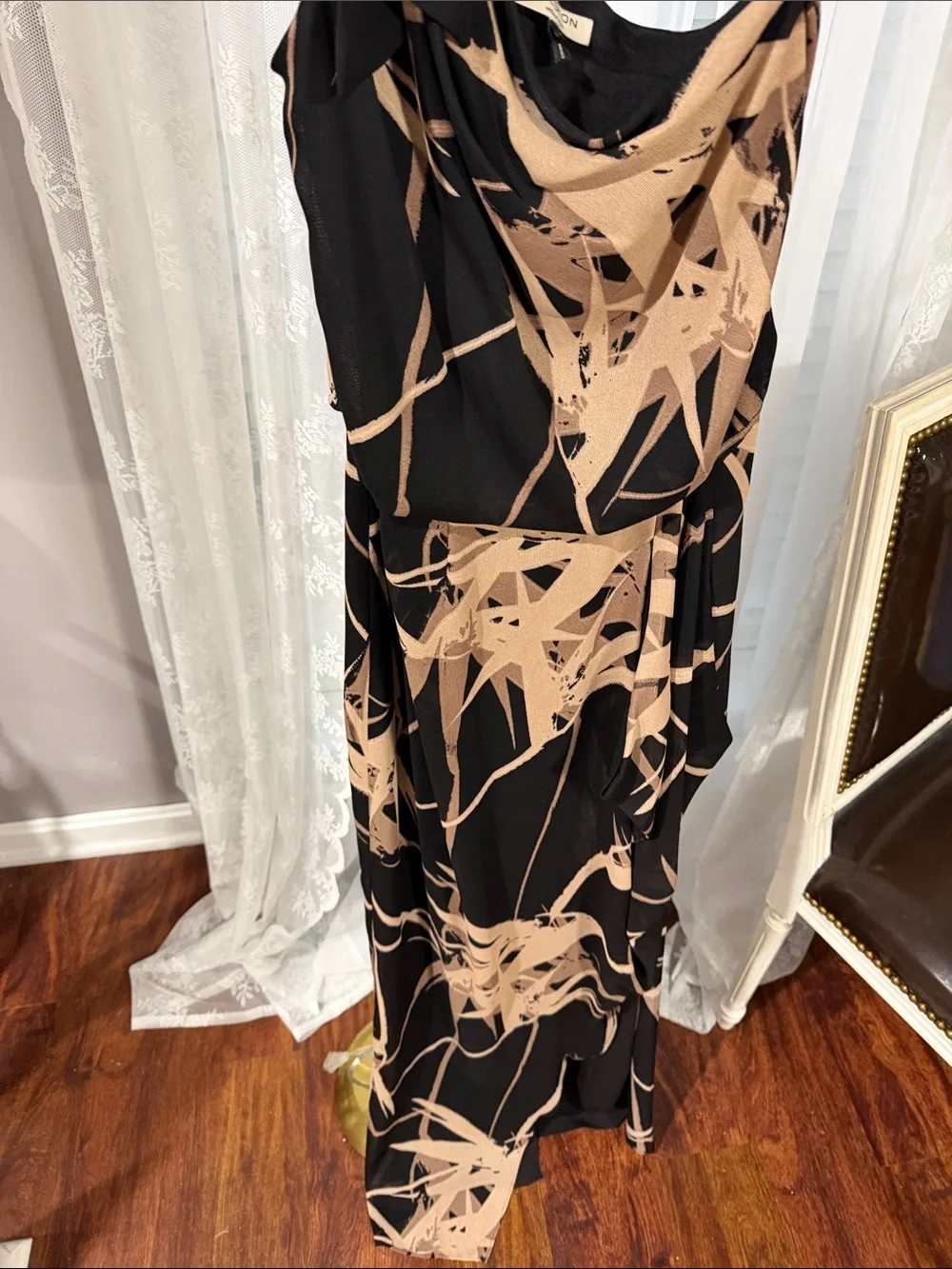 Halston Heritage Black One-Shoulder Gown with Beige Abstract Print - Picture 4 of 5